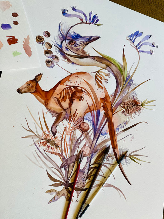 Original Emu & Kangaroo watercolour illustration