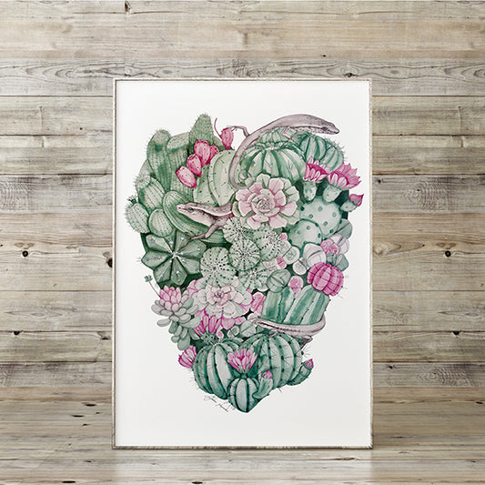 Valentine cactus and lizards watercolour print